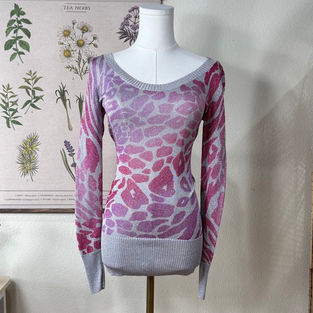 Y2k Metallic Animal Print Knit Tunic Top Mini Dress Trashy McBling Sexy Bimbo XS